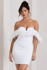 White Sweetheart Mini Dress With Chiffon Feather Sleeves